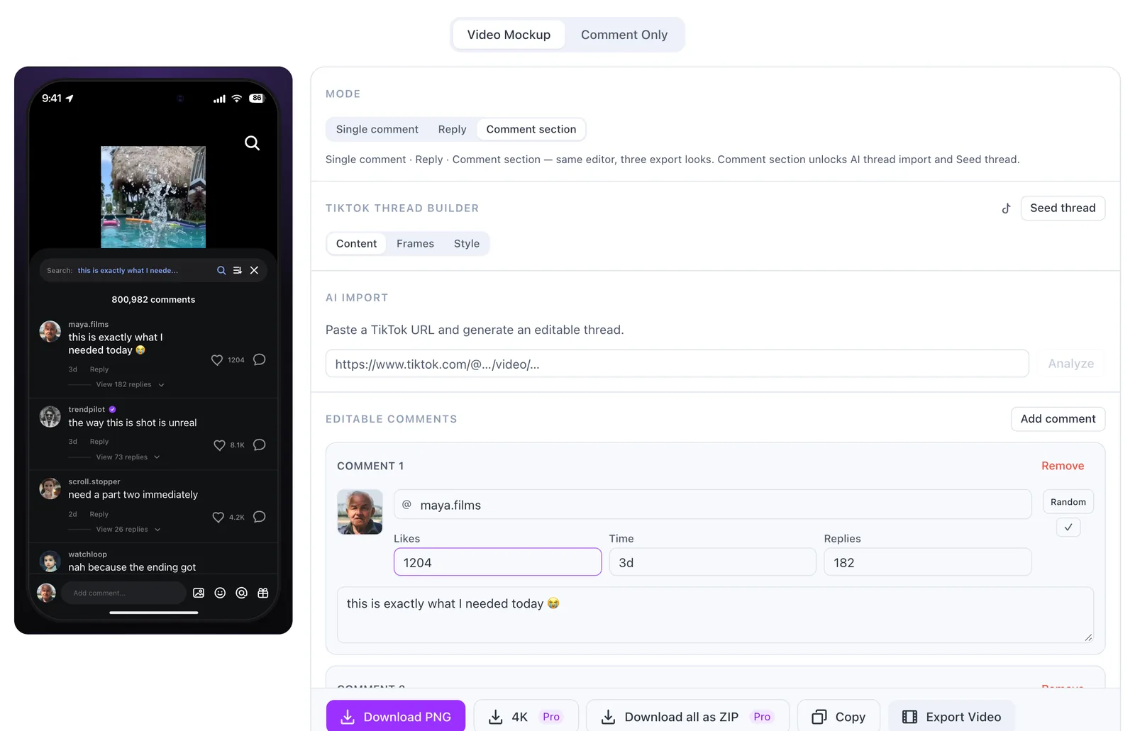 FakeComment's TikTok comment editor: phone preview with the video and comment section on the left; mode switch, AI import and the editable maya.films comment on the right
