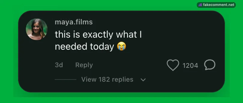 A frame from FakeComment's free green-screen video: the maya.films comment card on chroma green with a small fakecomment.net mark in the top right corner