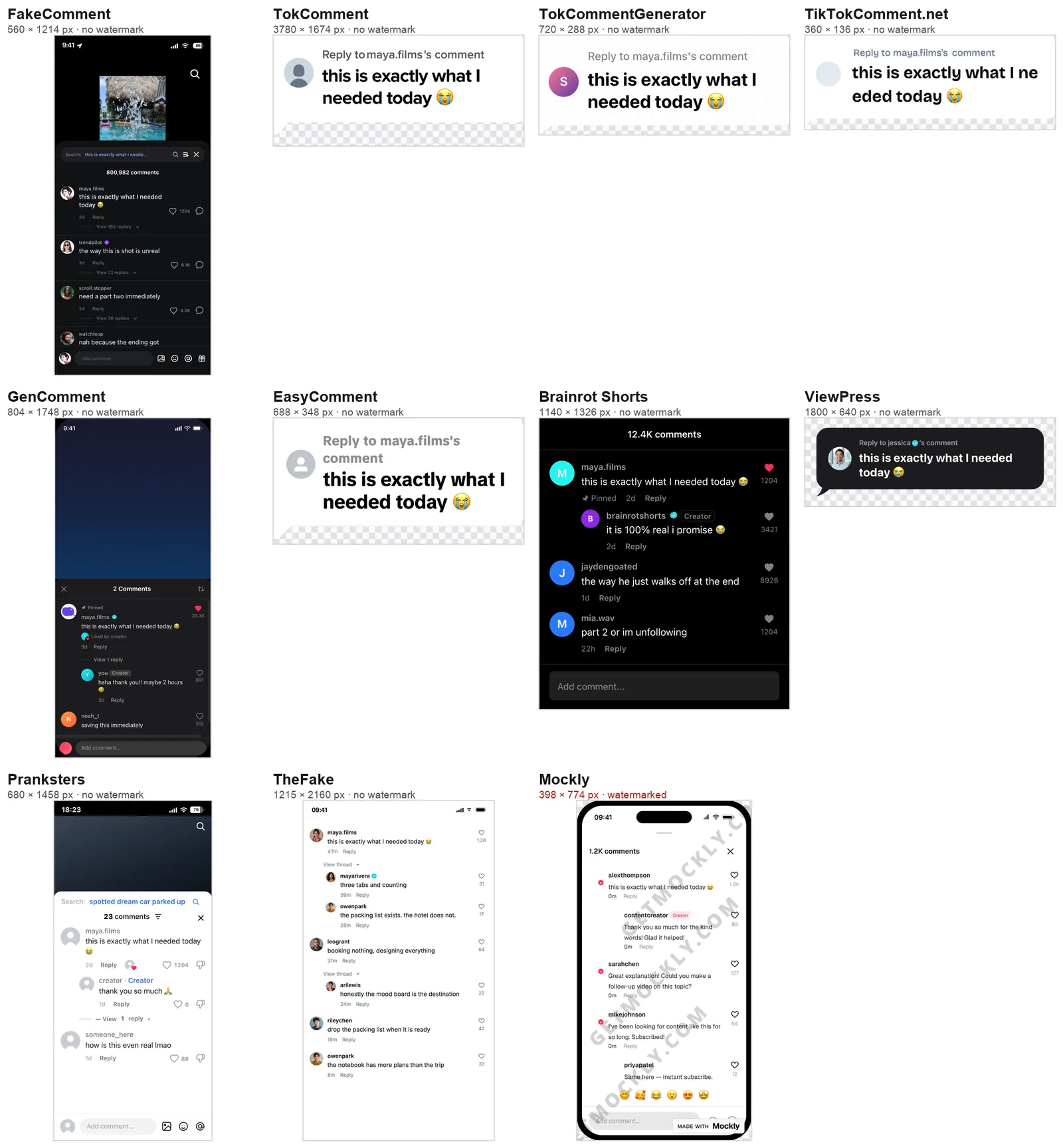 The free PNG from eleven TikTok comment generators side by side, each with the same comment from maya.films, labelled with pixel size and whether it carries a watermark