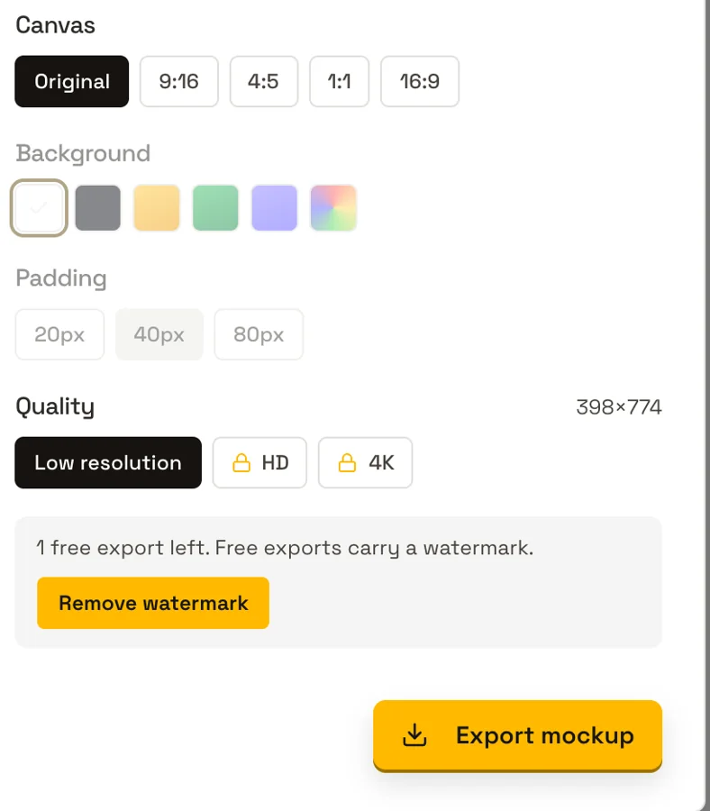 Mockly's export panel with Low resolution selected, HD and 4K locked, and the note 1 free export left. Free exports carry a watermark.