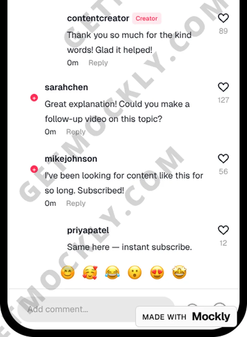 Close-up of Mockly's free TikTok export with GETMOCKLY.COM repeated diagonally across the comments and a Made with Mockly badge