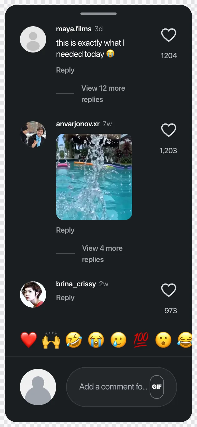 FakeComment's Comment Only export: the dark Instagram comment sheet with the maya.films comment, replies and the emoji bar, on a transparent background