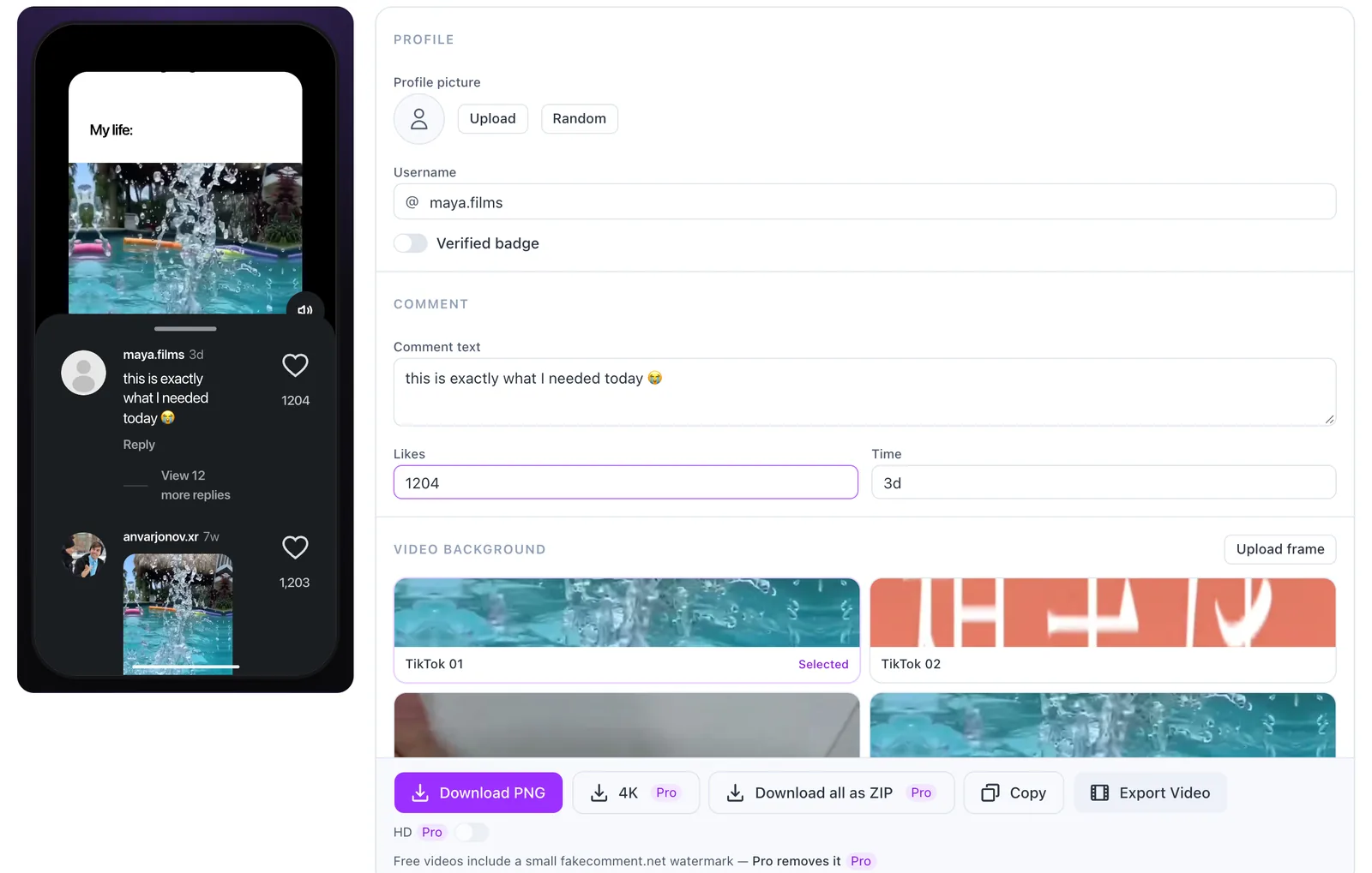FakeComment's Instagram comment editor: phone preview with the Reel and comment sheet on the left, profile, comment, likes and video background fields on the right