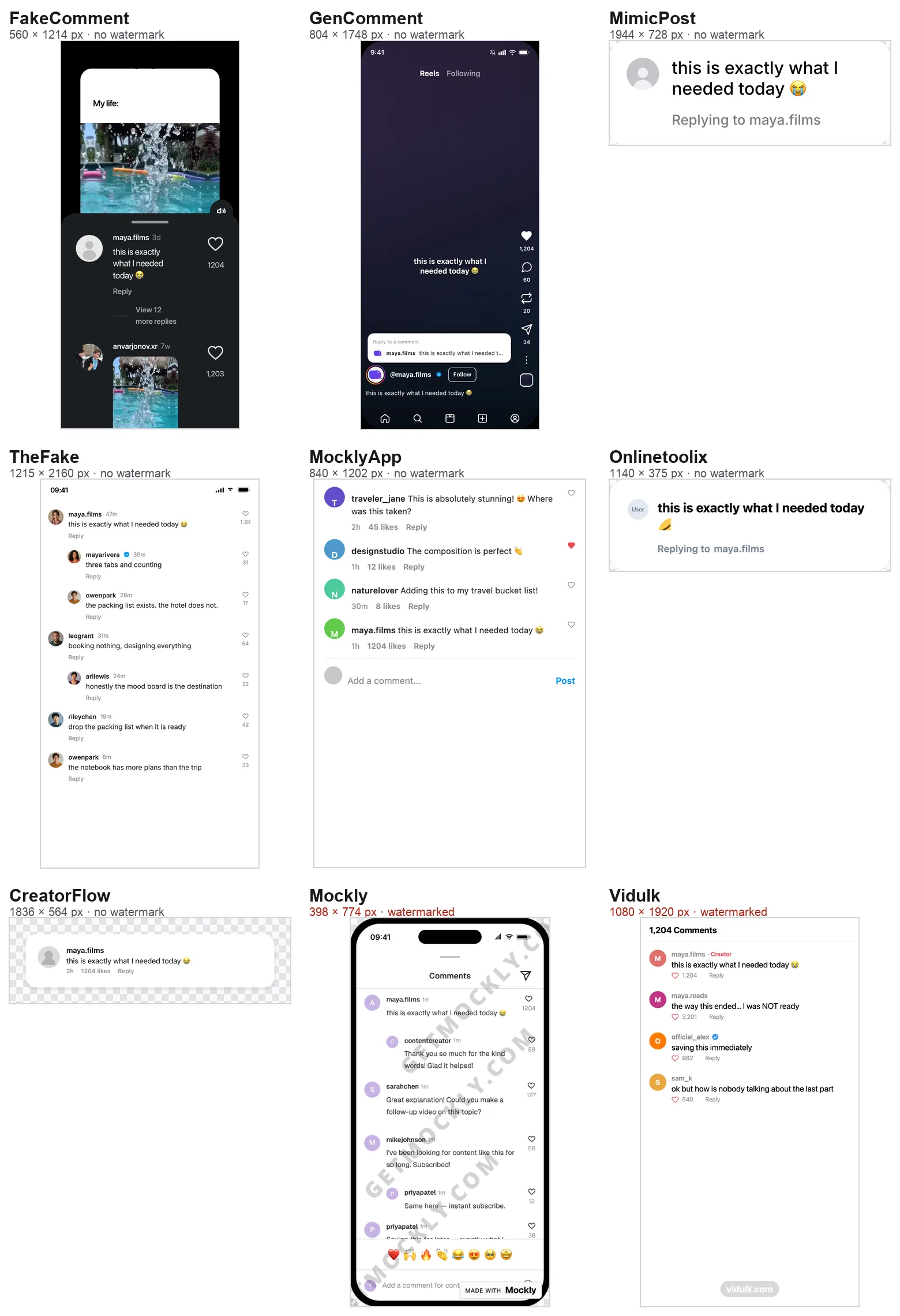 The free PNG from nine Instagram comment generators side by side, each with the same comment from maya.films, labelled with pixel size and whether it carries a watermark