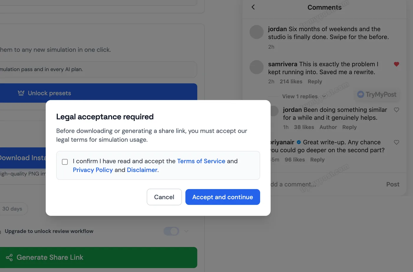 TryMyPost's Legal acceptance required dialog asking you to accept its Terms of Service, Privacy Policy and Disclaimer before downloading
