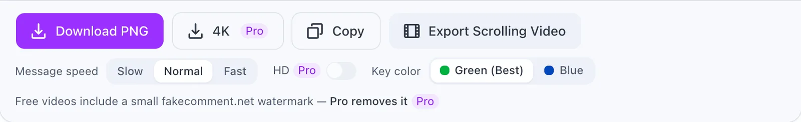 Export settings: Download PNG, 4K (Pro), Copy, Export Scrolling Video, message speed, HD (Pro) and key color Green (Best) or Blue