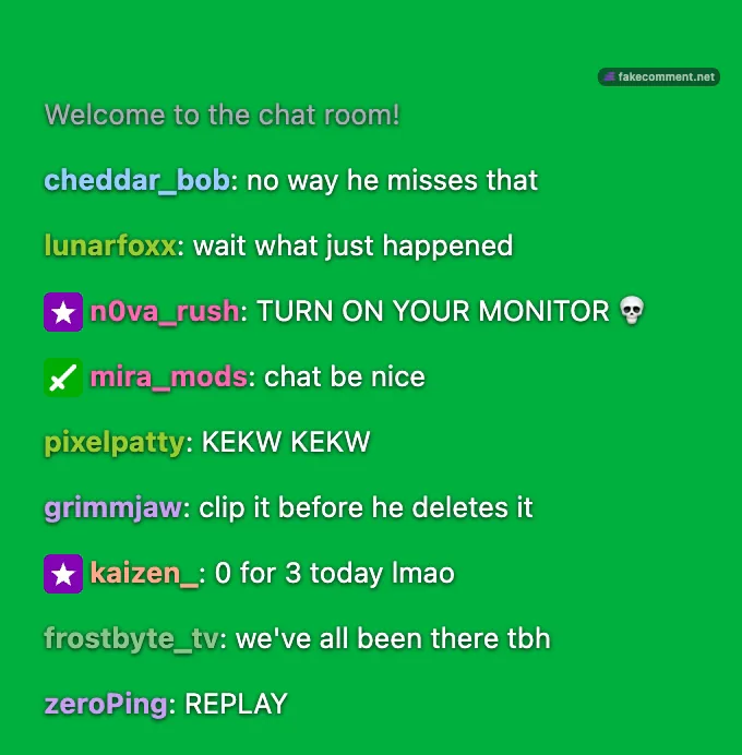 Frame from the exported Overlay video: Twitch chat messages on a solid green background with a small fakecomment.net mark in the top right
