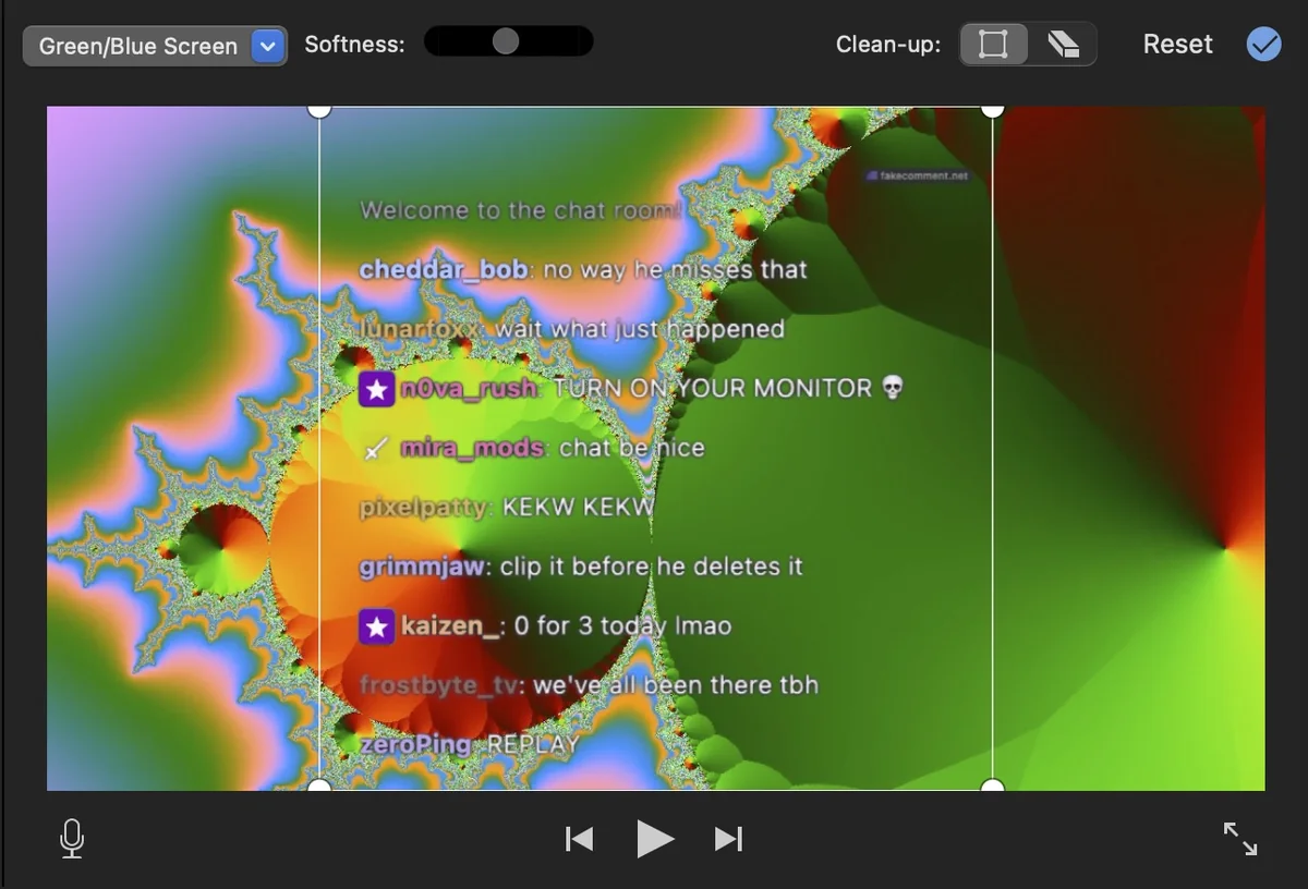 iMovie viewer after Green/Blue Screen: the fake Twitch chat keyed over a colourful test clip, Softness and Clean-up controls above