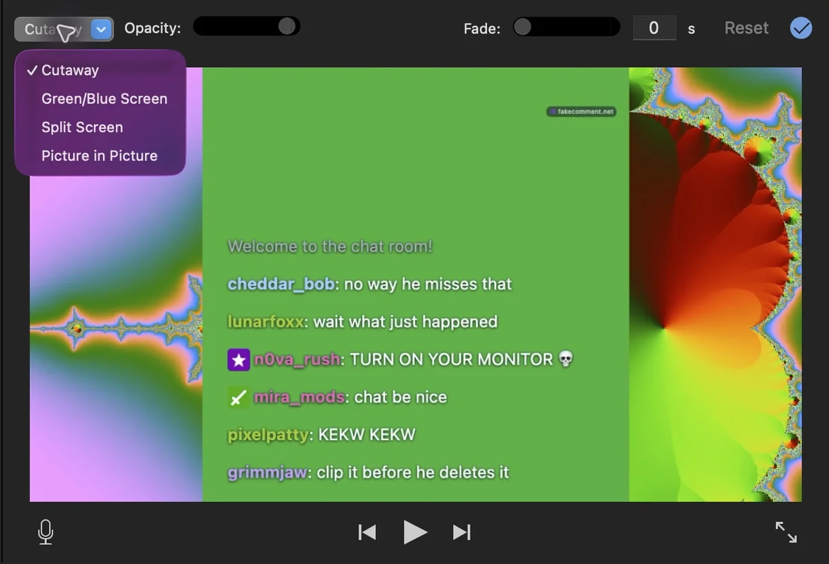 iMovie video overlay settings menu open with Cutaway, Green/Blue Screen, Split Screen and Picture in Picture