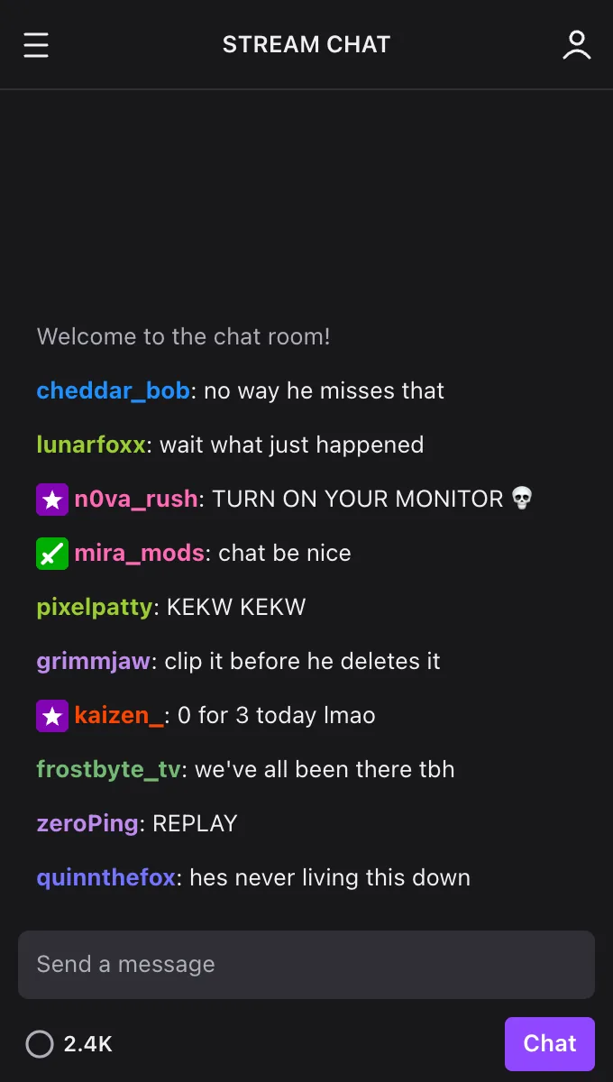 Fake Twitch chat exported as the Chat Panel layout, dark theme
