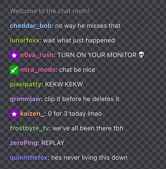 Fake Twitch chat exported as a transparent overlay, shown on a checkerboard