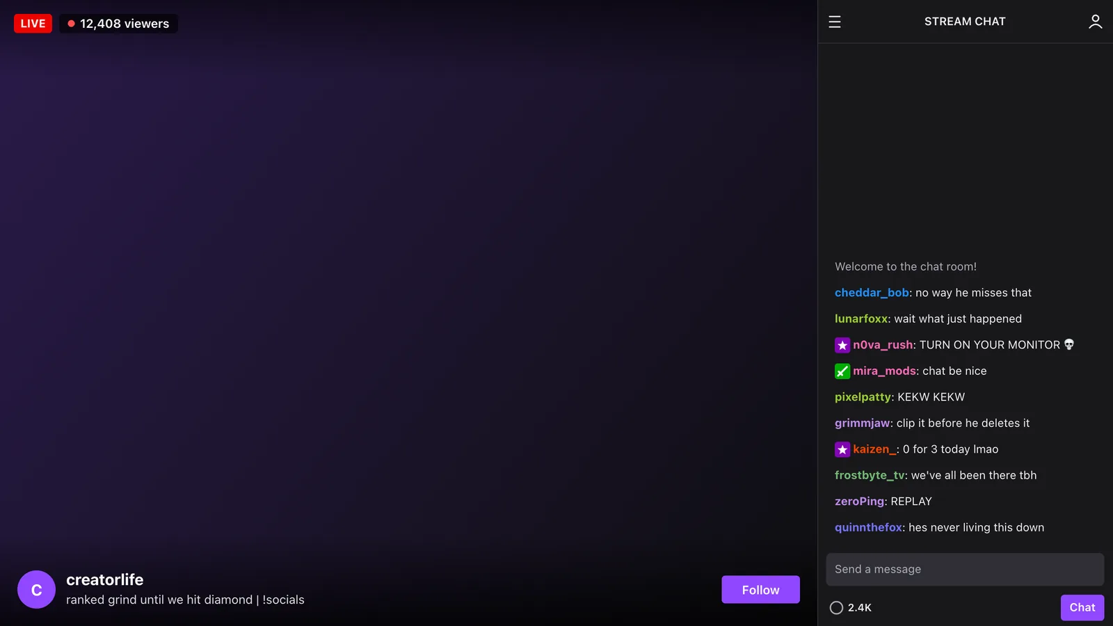 Fake Twitch stream screen with LIVE badge, viewer count and the chat beside the stream