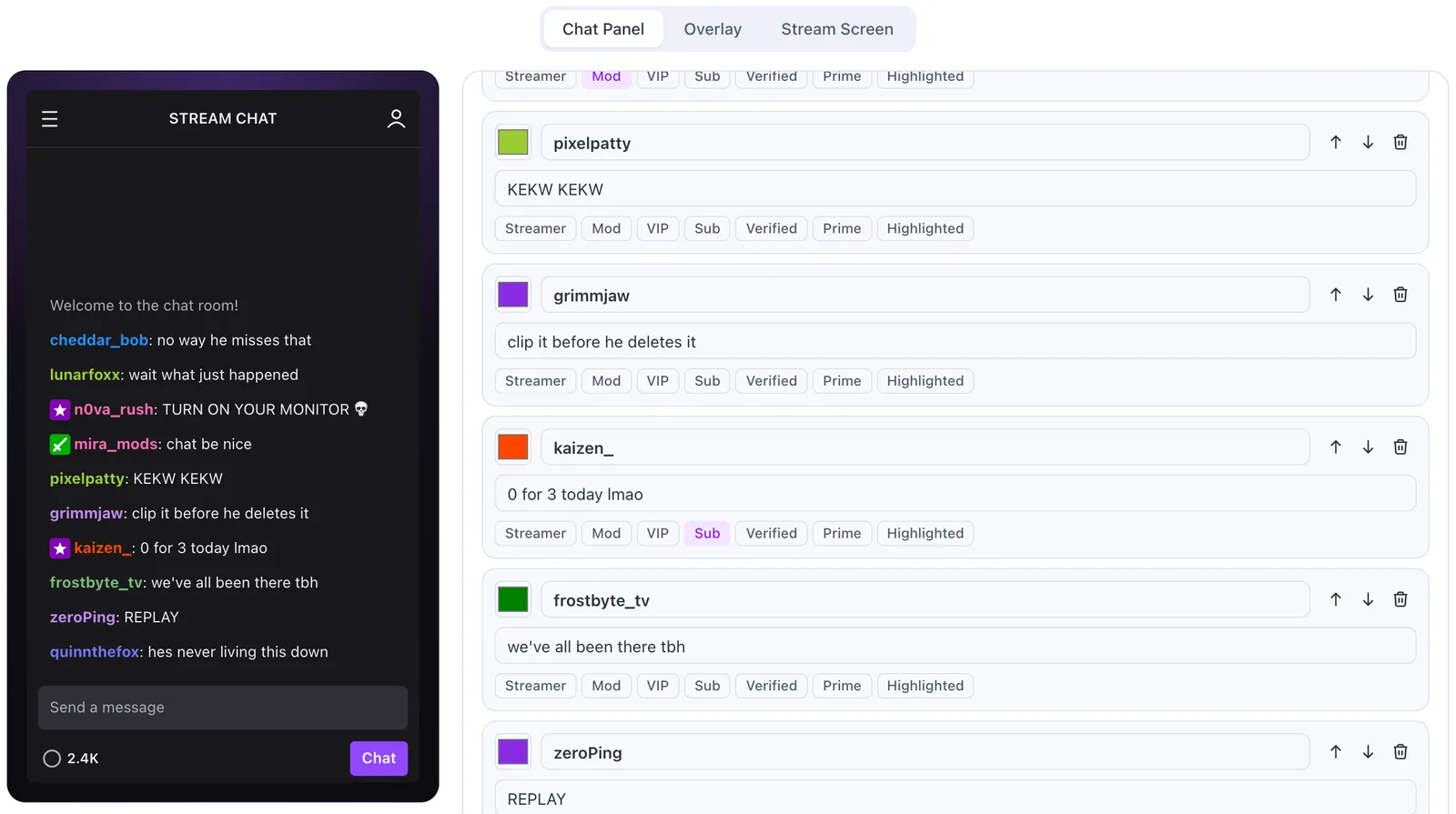 Fake Twitch chat editor: chat panel preview on the left, each message with a color swatch and badge toggles on the right