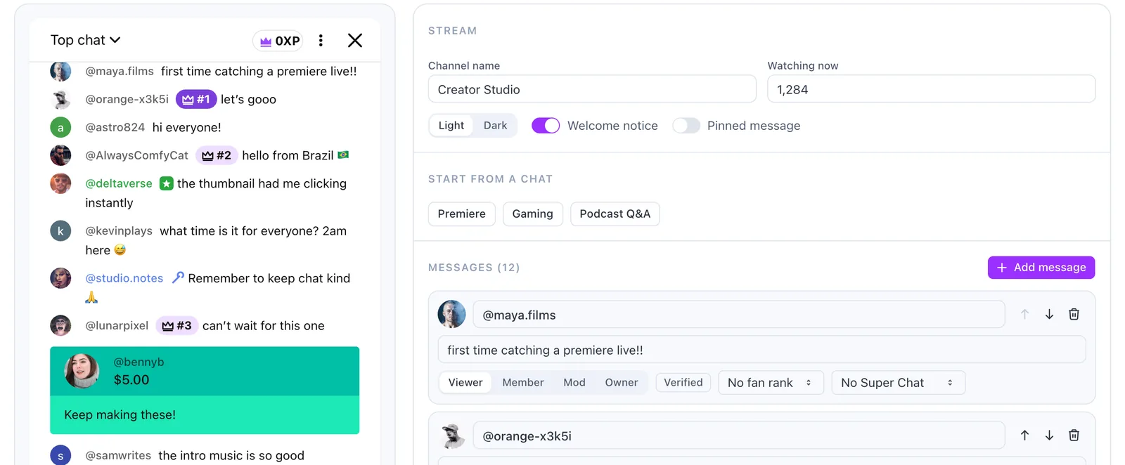 Fake YouTube live chat editor with a $5 Super Chat, fan rank badges and per-message Viewer, Member, Mod and Owner roles