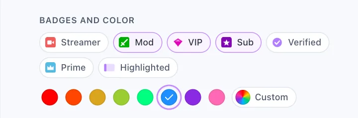Les badges avec Mod, VIP et Abonné activés, et les pastilles de couleur du pseudo avec une couleur choisie