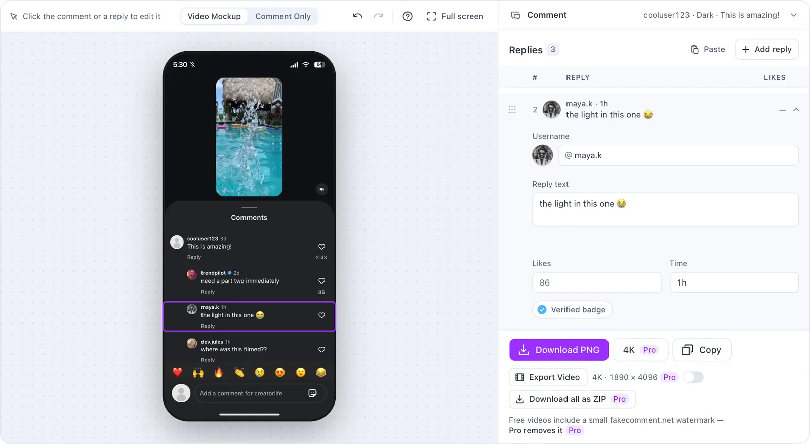 L’éditeur de commentaires Instagram : le panneau de commentaires Reels en aperçu avec une réponse encadrée, le groupe « Commentaire » replié au-dessus de la liste des réponses, et cette réponse ouverte dans la liste