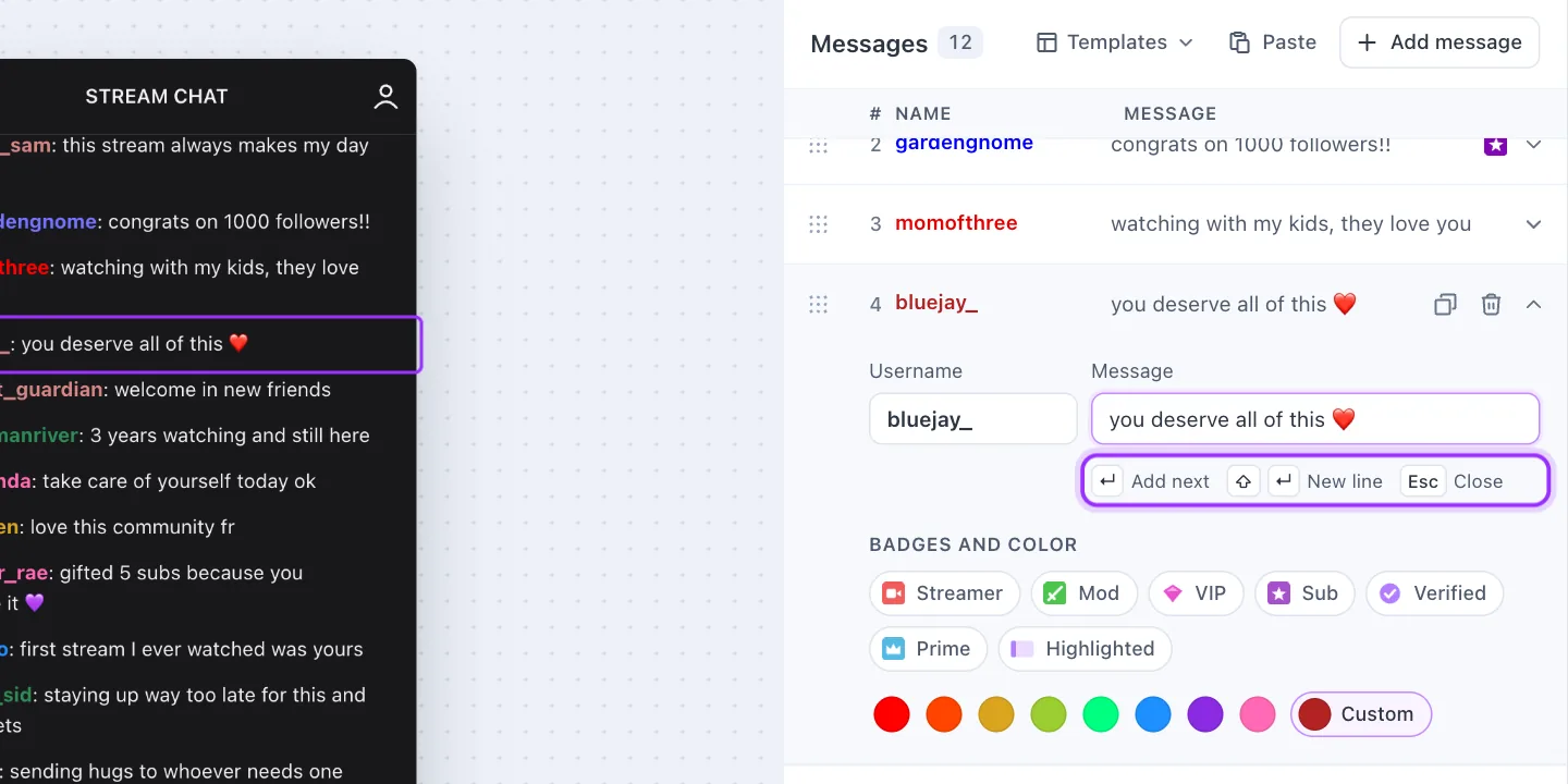 Un message ouvert avec les champs Pseudo et Message, et les indications de touches Ajouter le suivant, Nouvelle ligne et Fermer sous le message