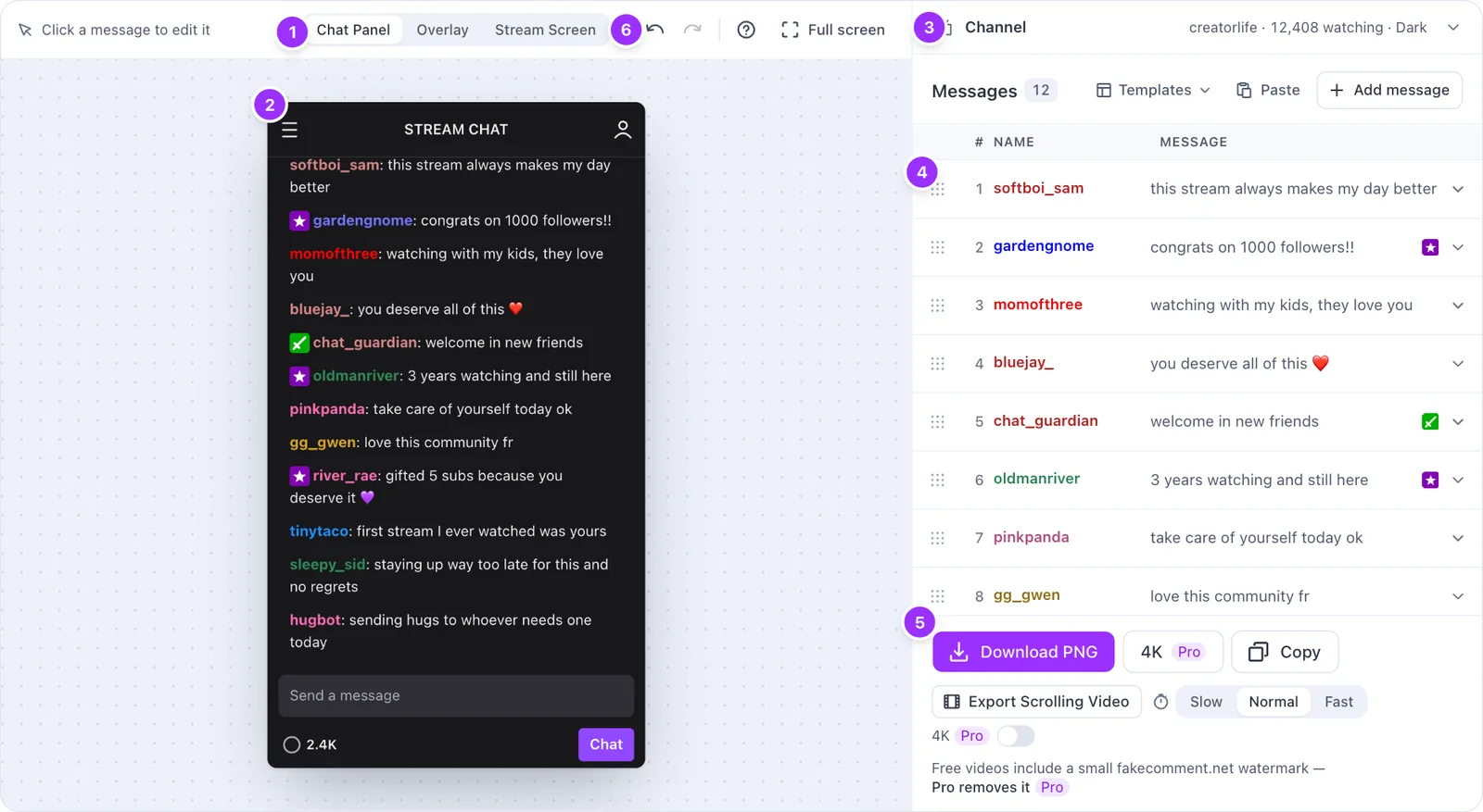 L’éditeur FakeComment sur ordinateur, avec des numéros sur le choix de mise en page, l’aperçu, le groupe Chaîne, la liste des messages, la barre d’export et la barre d’outils
