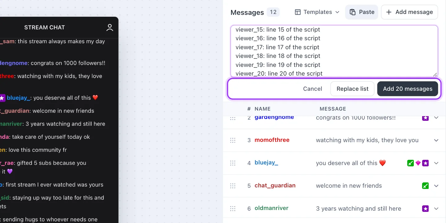 La zone de collage avec vingt lignes et les boutons Ajouter 20 messages et Remplacer la liste