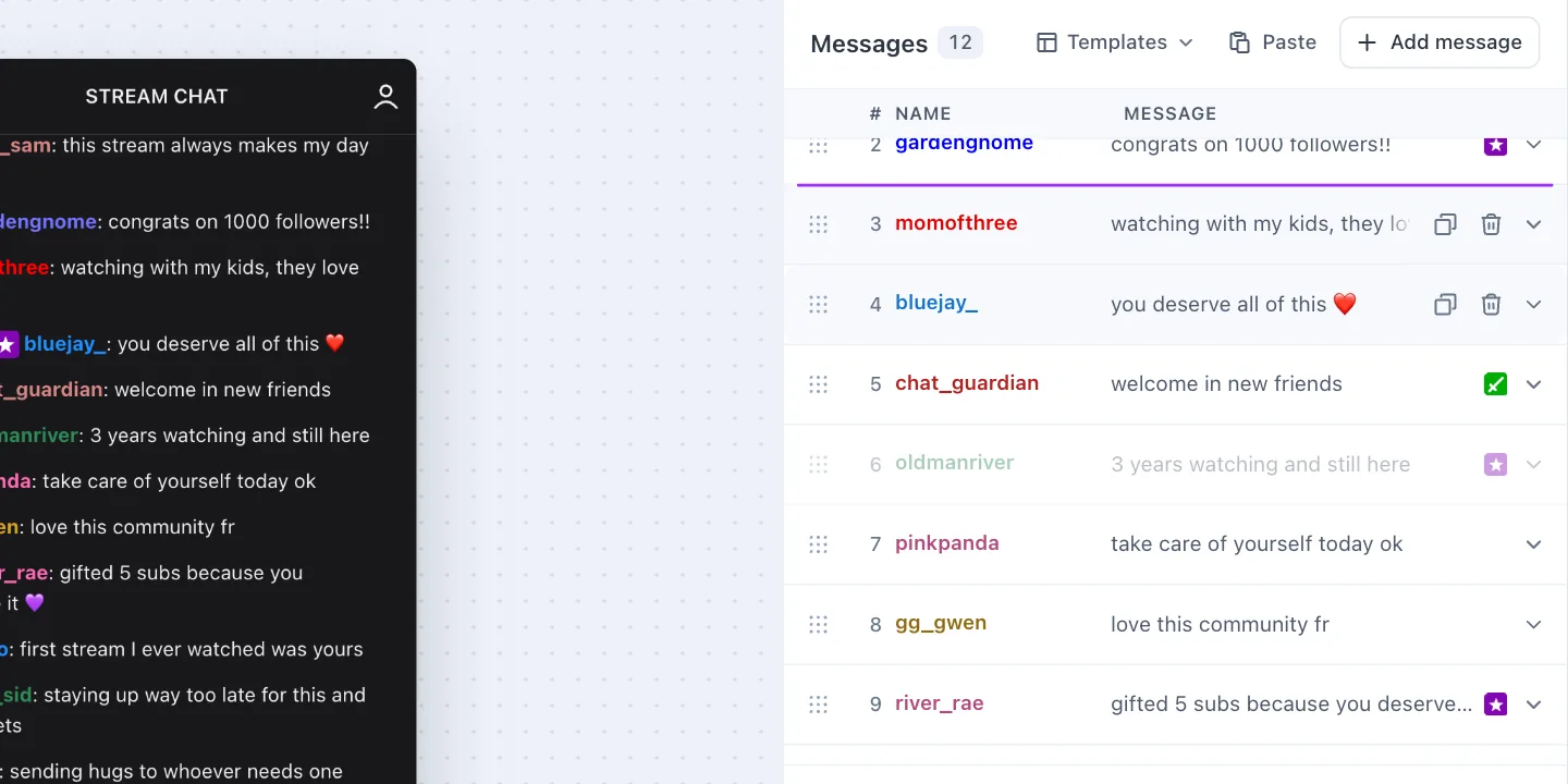 Un message glissé vers le haut de la liste, avec une ligne violette là où il arrivera