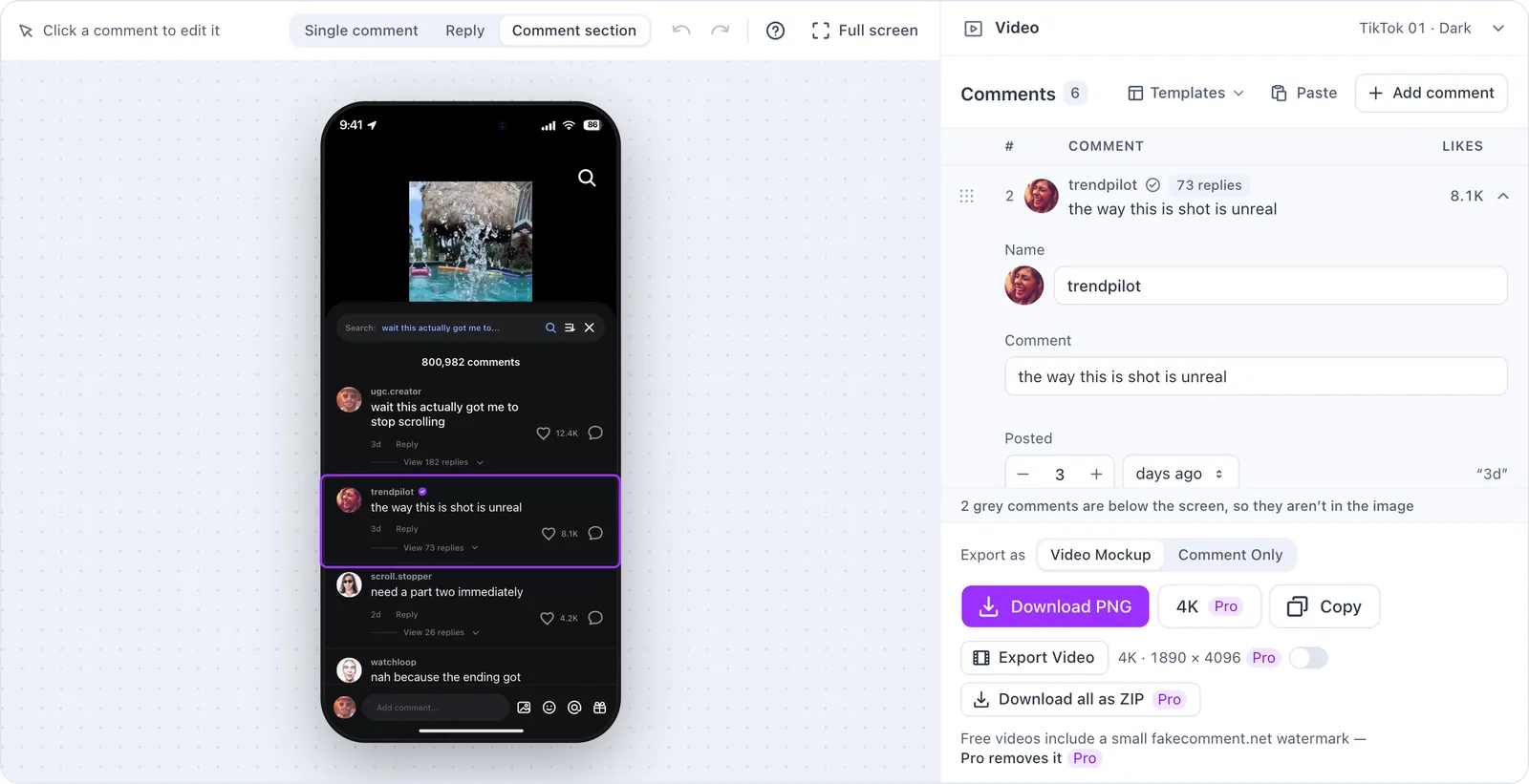 Le Générateur de commentaires TikTok dans l’éditeur : la section de commentaires sur le téléphone, un commentaire ouvert dans la liste à côté et la barre d’export avec Maquette vidéo et Commentaire seul