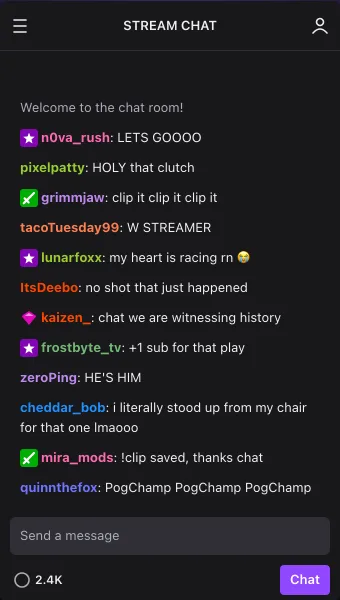 Fake-Twitch-Chat-Panel-Mockup mit farbigen Benutzernamen und Mod-Badges