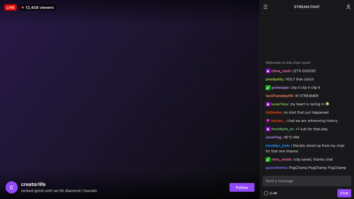 Fake-Twitch-Stream-Screen mit LIVE-Badge und Chat neben dem Gameplay