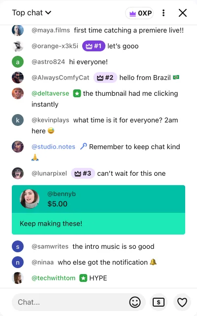 Fake YouTube live chat panel with Top chat header and member badges